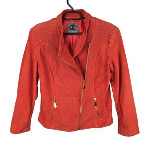 Womens Queen Collection Orange Genuine Leather Moto Jacket Full Zip Size L